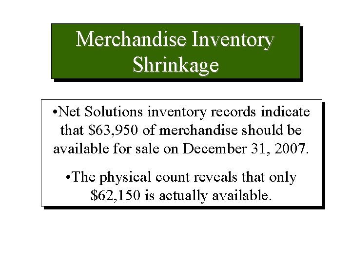 Merchandise Inventory Shrinkage • Net Solutions inventory records indicate that $63, 950 of merchandise