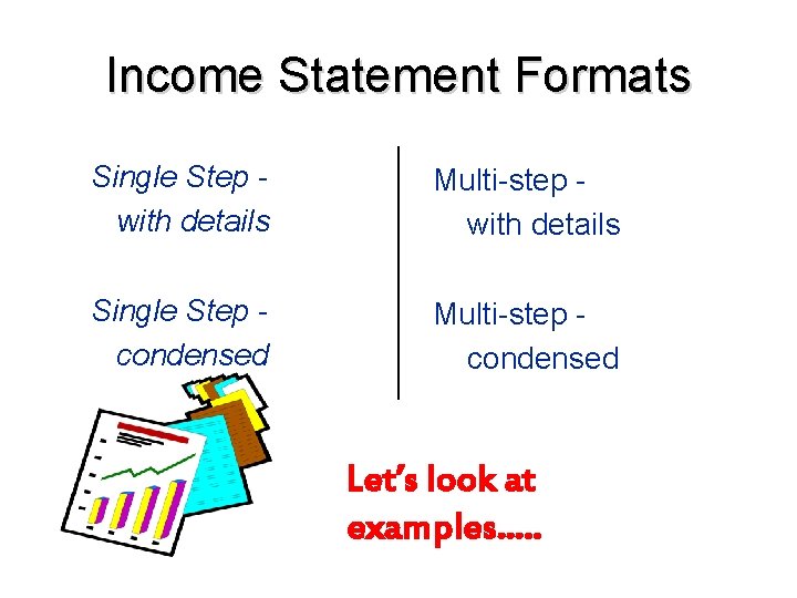 Income Statement Formats Single Step with details Multi-step with details Single Step condensed Multi-step