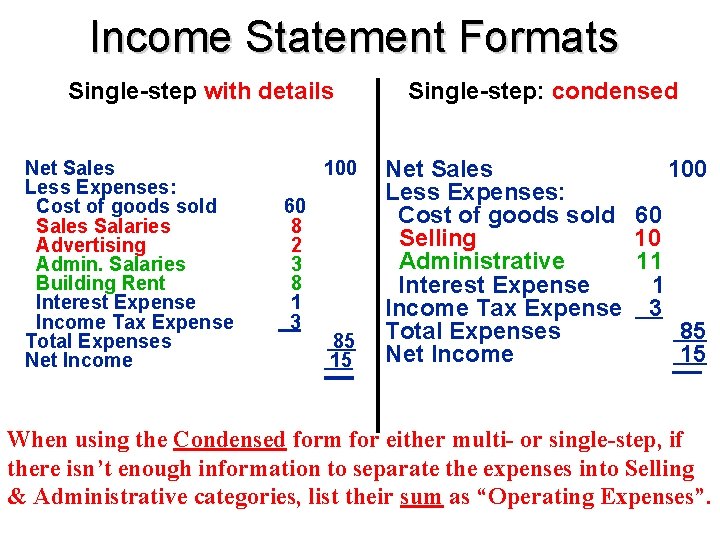 Income Statement Formats Single-step with details Net Sales Less Expenses: Cost of goods sold