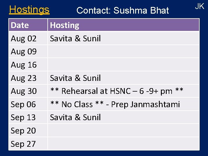 Hostings Date Aug 02 Aug 09 Aug 16 Aug 23 Aug 30 Sep 06