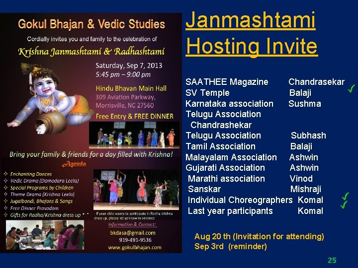 Janmashtami Hosting Invite SAATHEE Magazine Chandrasekar SV Temple Balaji Karnataka association Sushma Telugu Association