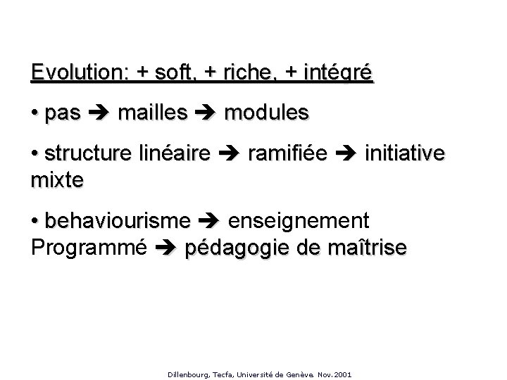 Evolution: + soft, + riche, + intégré • pas mailles modules • structure linéaire