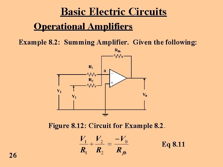 Basic Electric Circuits Operational Amplifiers Example 8. 2: Summing Amplifier. Given the following: Figure