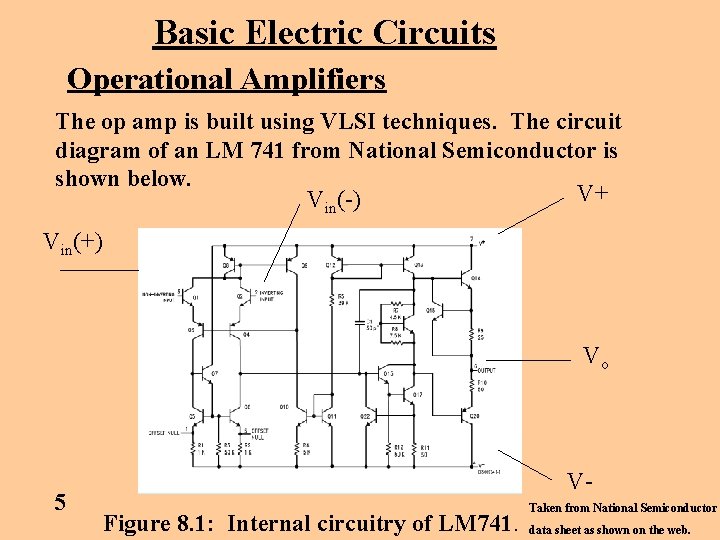 Basic Electric Circuits Operational Amplifiers The op amp is built using VLSI techniques. The