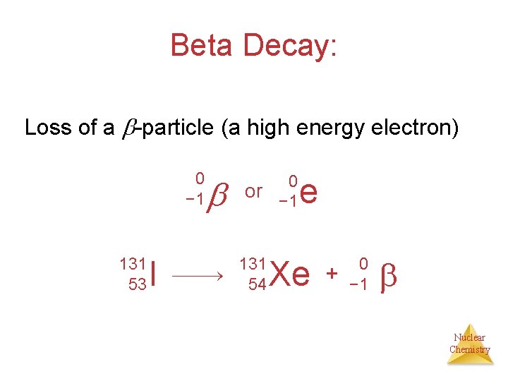 Beta Decay: Loss of a -particle (a high energy electron) 0 − 1 131