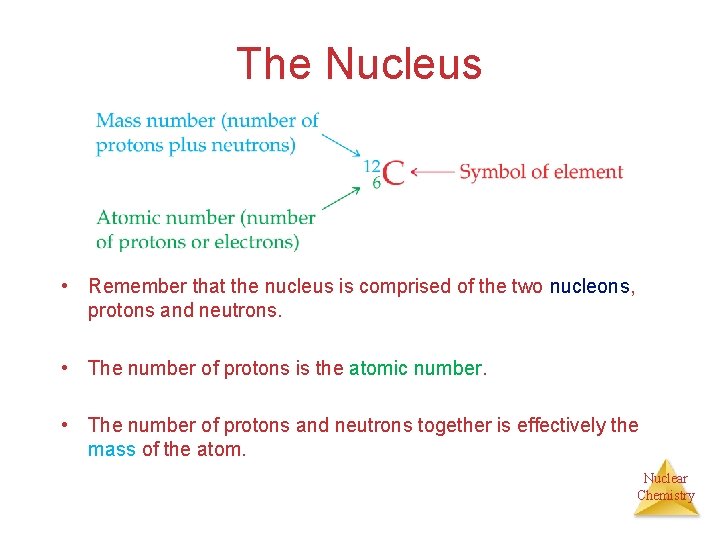 The Nucleus • Remember that the nucleus is comprised of the two nucleons, protons
