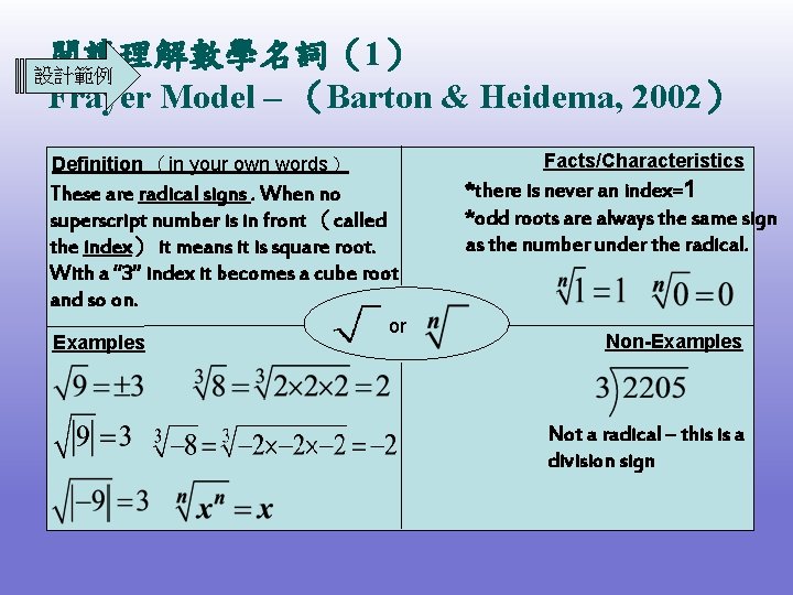 閱讀理解數學名詞（1） 設計範例 Frayer Model – （Barton & Heidema, 2002） Facts/Characteristics Definition （in your own