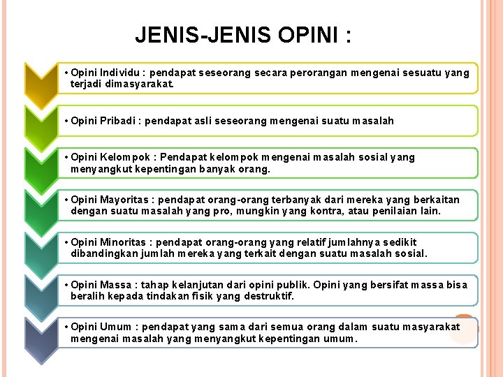 JENIS-JENIS OPINI : • Opini Individu : pendapat seseorang secara perorangan mengenai sesuatu yang