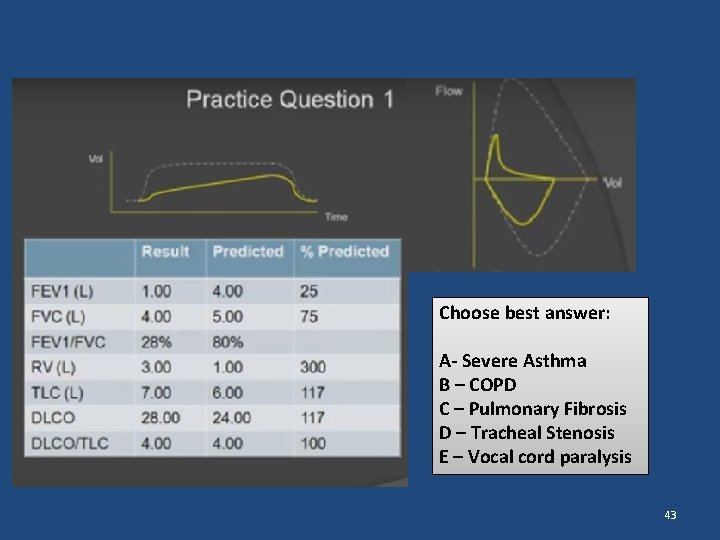 Choose best answer: A- Severe Asthma B – COPD C – Pulmonary Fibrosis D Choose best answer: A- Severe Asthma B – COPD C – Pulmonary Fibrosis D