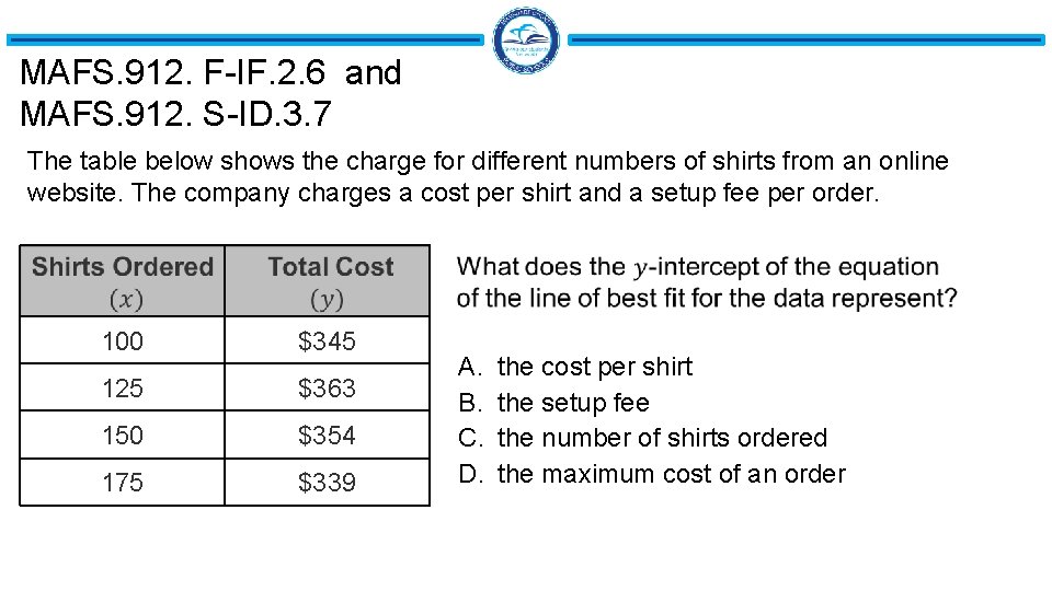 MAFS. 912. F-IF. 2. 6 and MAFS. 912. S-ID. 3. 7 The table below