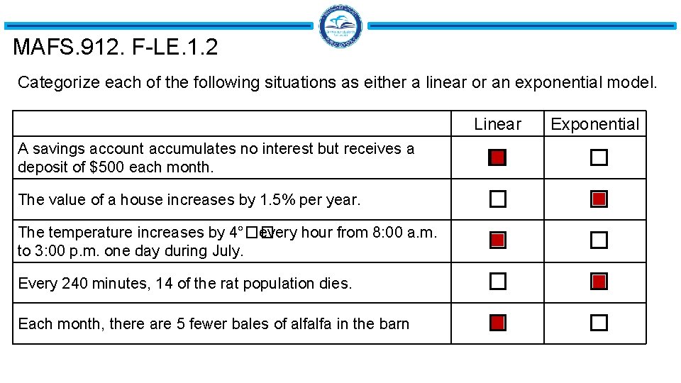 MAFS. 912. F-LE. 1. 2 Categorize each of the following situations as either a