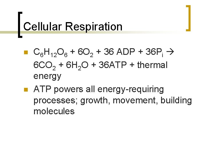 Cellular Respiration n n C 6 H 12 O 6 + 6 O 2