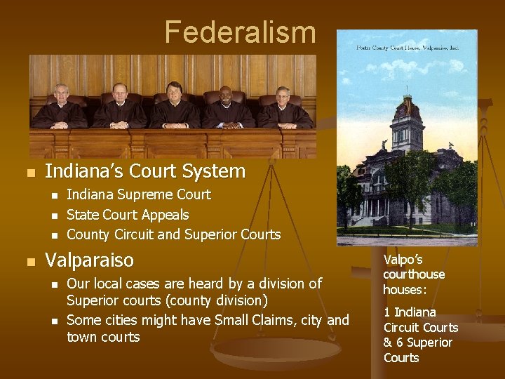 Federalism n Indiana’s Court System n n Indiana Supreme Court State Court Appeals County