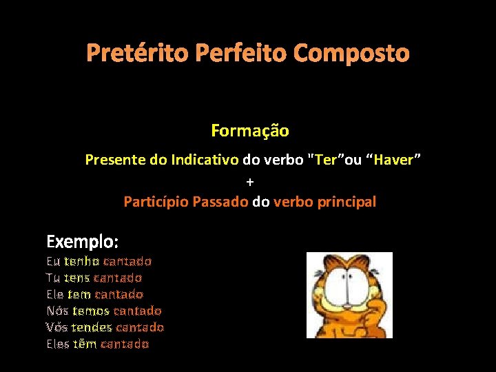 Pretérito Perfeito Composto Formação Presente do Indicativo do verbo "Ter”ou “Haver” + Particípio Passado