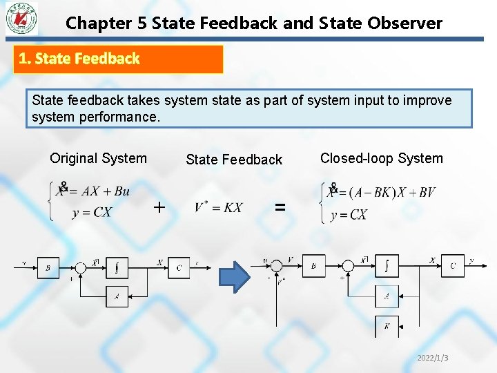 Chapter 5 State Feedback and State Observer 1. State Feedback State feedback takes system