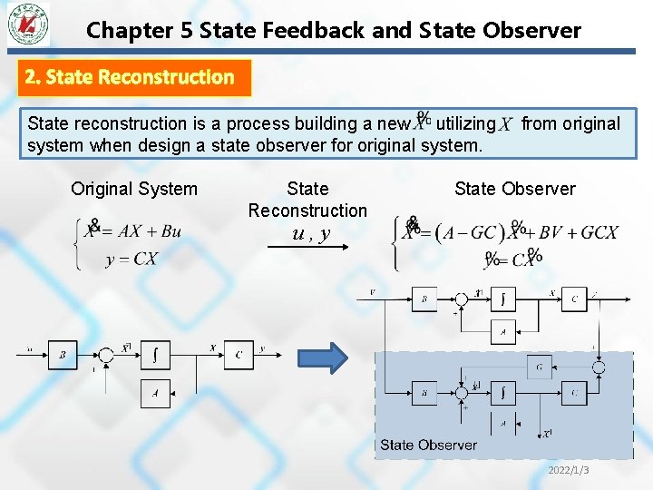 Chapter 5 State Feedback and State Observer 2. State Reconstruction State reconstruction is a