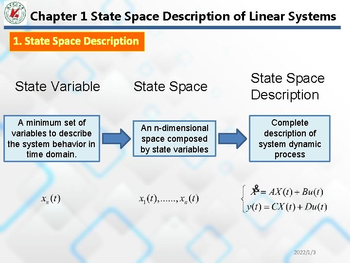 Chapter 1 State Space Description of Linear Systems 1. State Space Description State Variable