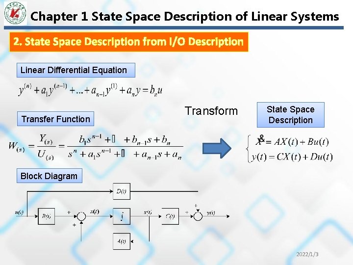Chapter 1 State Space Description of Linear Systems 2. State Space Description from I/O