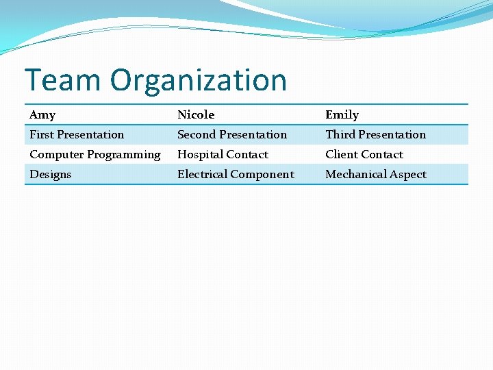 Team Organization Amy Nicole Emily First Presentation Second Presentation Third Presentation Computer Programming Hospital