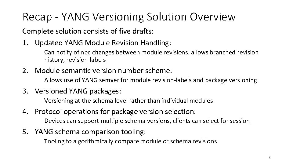 Recap - YANG Versioning Solution Overview Complete solution consists of five drafts: 1. Updated