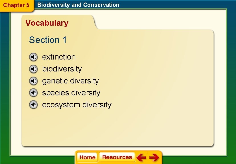 Chapter 5 Biodiversity and Conservation Vocabulary Section 1 extinction biodiversity genetic diversity species diversity