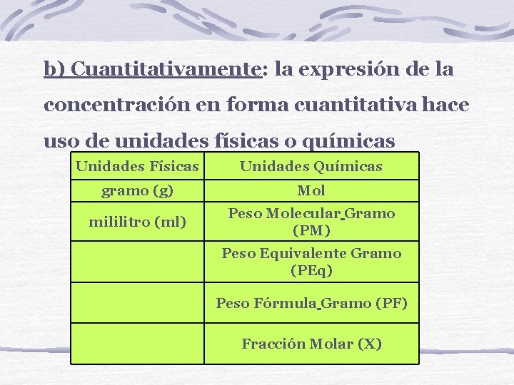 b) Cuantitativamente: la expresión de la concentración en forma cuantitativa hace uso de unidades
