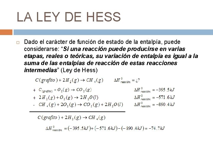 LA LEY DE HESS Dado el carácter de función de estado de la entalpía, LA LEY DE HESS Dado el carácter de función de estado de la entalpía,