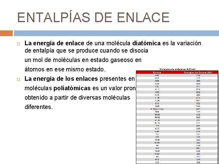 ENTALPÍAS DE ENLACE La energía de enlace de una molécula diatómica es la variación ENTALPÍAS DE ENLACE La energía de enlace de una molécula diatómica es la variación