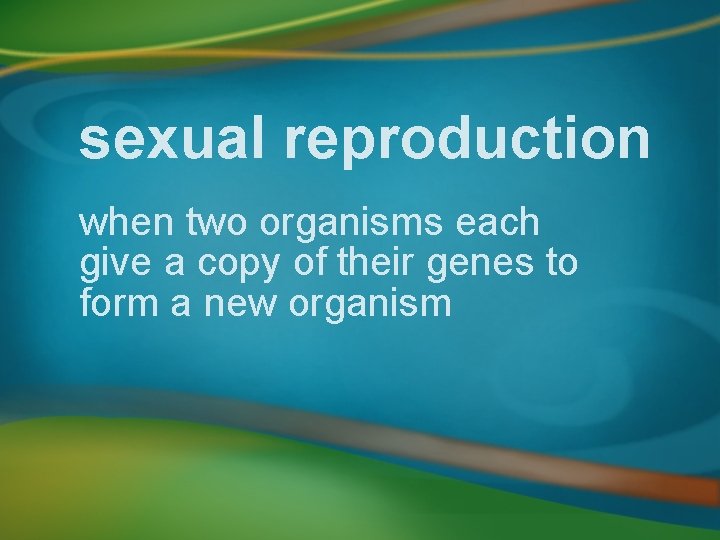 sexual reproduction when two organisms each give a copy of their genes to form