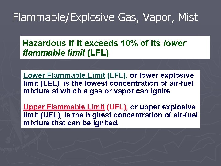 Flammable/Explosive Gas, Vapor, Mist Hazardous if it exceeds 10% of its lower flammable limit