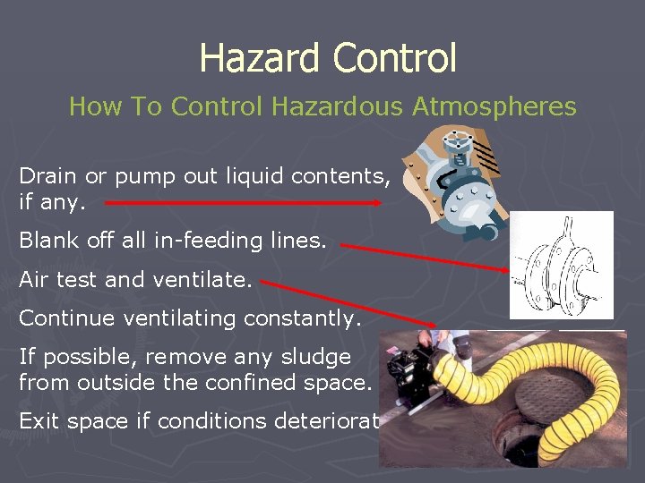 Hazard Control How To Control Hazardous Atmospheres Drain or pump out liquid contents, if