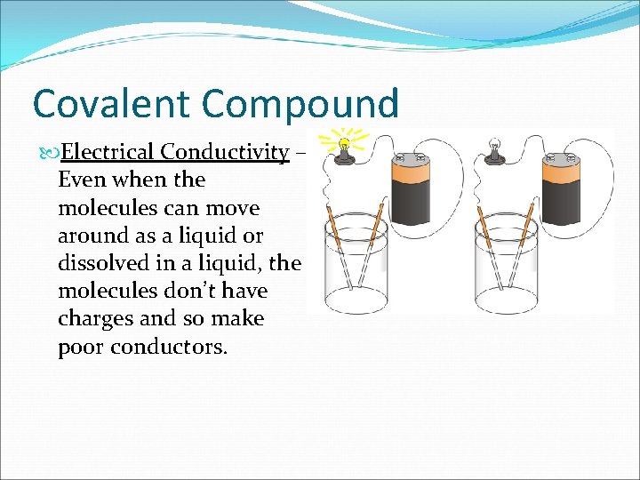 Covalent Compound Electrical Conductivity – Even when the molecules can move around as a