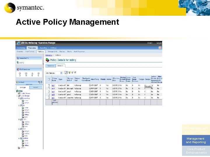 Active Policy Management Disk Management and Optimization Management and Reporting Core Product Enhancements 