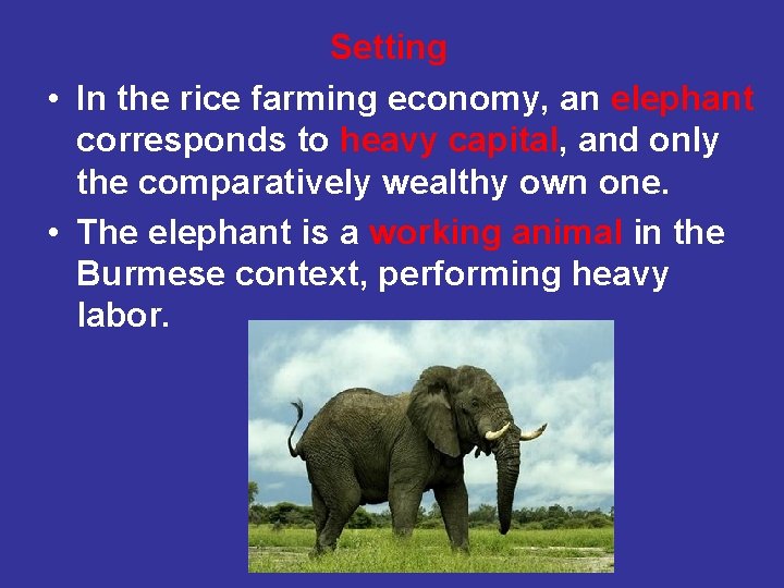 Setting • In the rice farming economy, an elephant corresponds to heavy capital, and