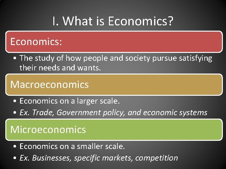 I. What is Economics? Economics: • The study of how people and society pursue