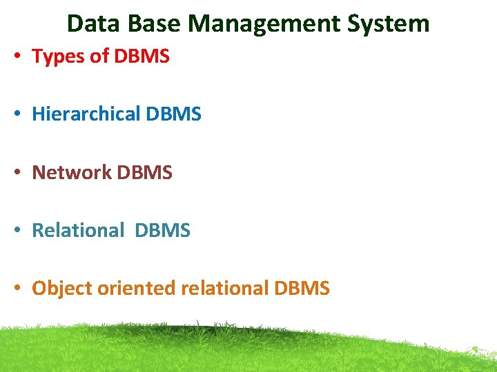 Data Base Management System • Types of DBMS • Hierarchical DBMS • Network DBMS Data Base Management System • Types of DBMS • Hierarchical DBMS • Network DBMS