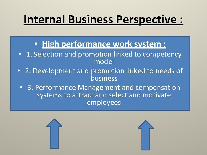 Internal Business Perspective : • High performance work system : • 1. Selection and