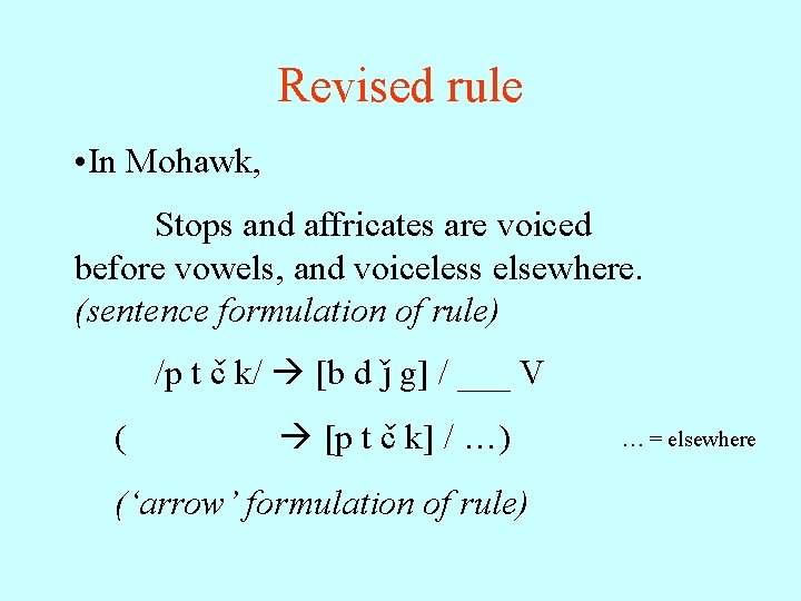 Revised rule • In Mohawk, Stops and affricates are voiced before vowels, and voiceless