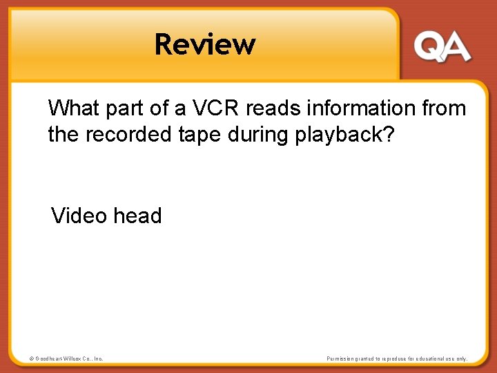 Review What part of a VCR reads information from the recorded tape during playback?
