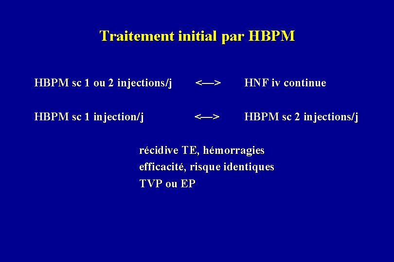 Traitement initial par HBPM sc 1 ou 2 injections/j <—> HNF iv continue HBPM