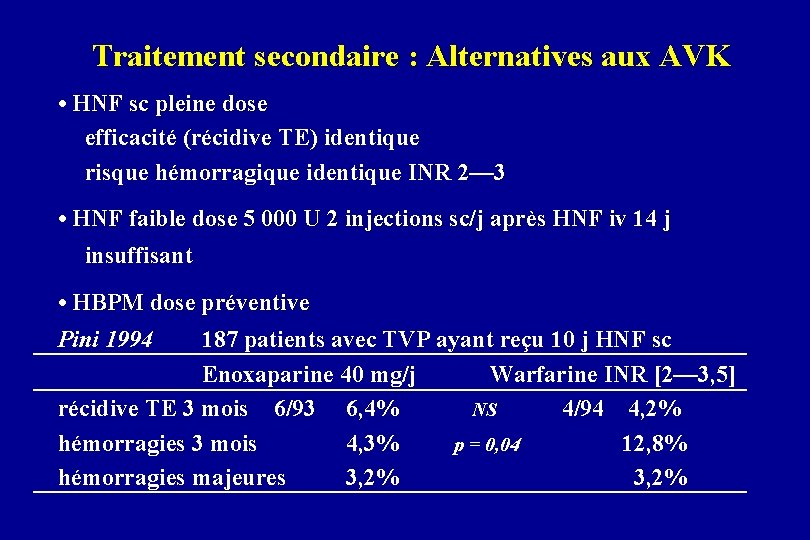 Traitement secondaire : Alternatives aux AVK • HNF sc pleine dose efficacité (récidive TE)