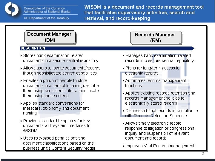 WISDM is a document and records management tool that facilitates supervisory activities, search and