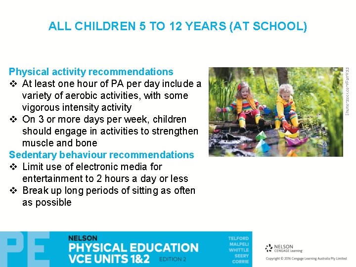 ALL CHILDREN 5 TO 12 YEARS (AT SCHOOL) Physical activity recommendations v At least