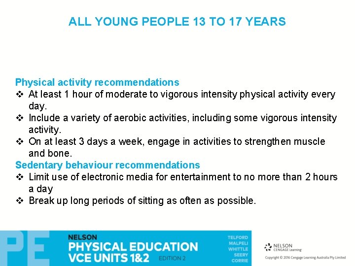 ALL YOUNG PEOPLE 13 TO 17 YEARS Physical activity recommendations v At least 1