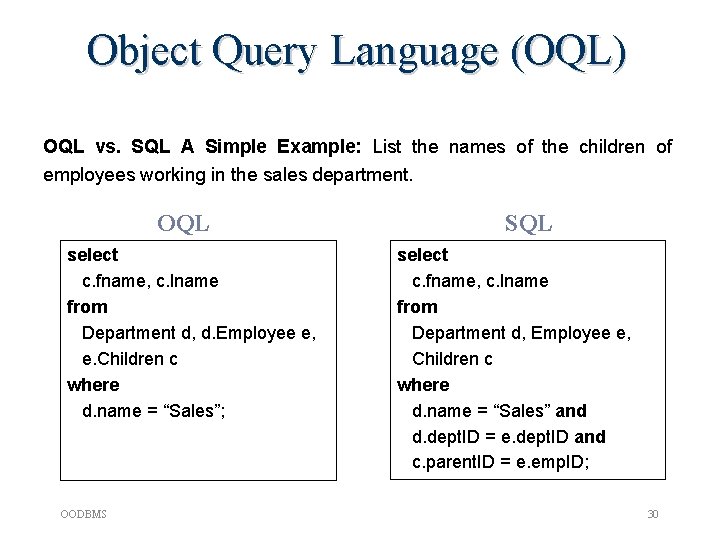 Object Query Language (OQL) OQL vs. SQL A Simple Example: List the names of Object Query Language (OQL) OQL vs. SQL A Simple Example: List the names of