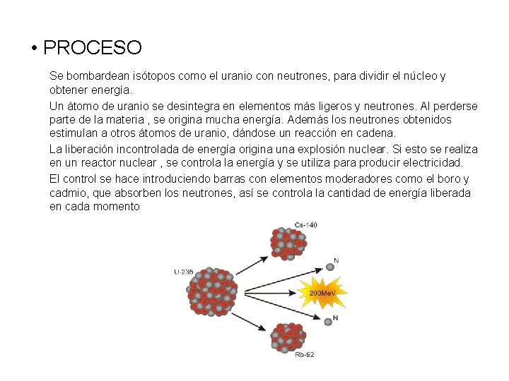  • PROCESO Se bombardean isótopos como el uranio con neutrones, para dividir el