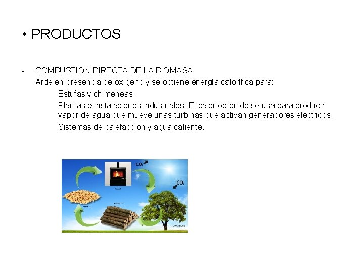  • PRODUCTOS - COMBUSTIÓN DIRECTA DE LA BIOMASA. Arde en presencia de oxígeno