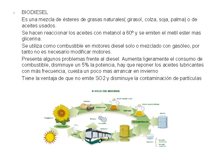 - BIODIESEL Es una mezcla de ésteres de grasas naturales( girasol, colza, soja, palma)
