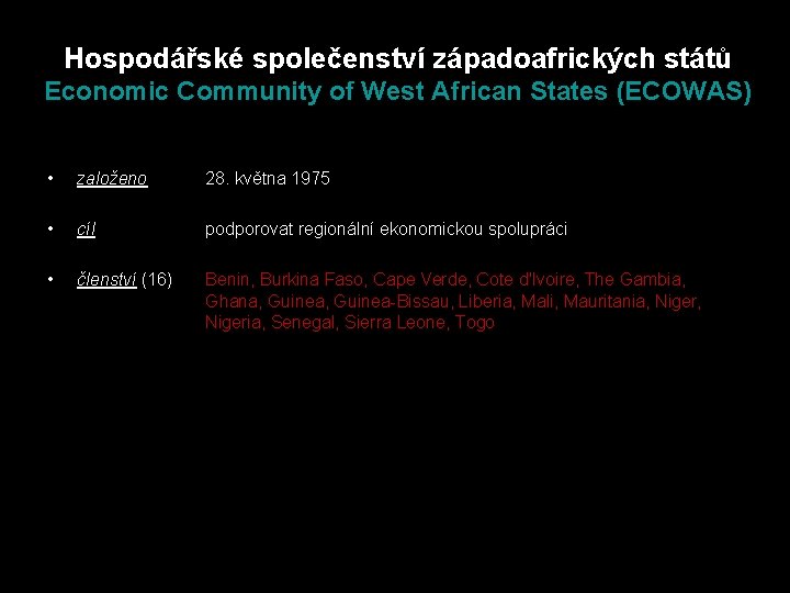 Hospodářské společenství západoafrických států Economic Community of West African States (ECOWAS) • založeno 28.