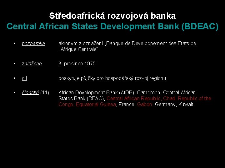 Středoafrická rozvojová banka Central African States Development Bank (BDEAC) • poznámka akronym z označení